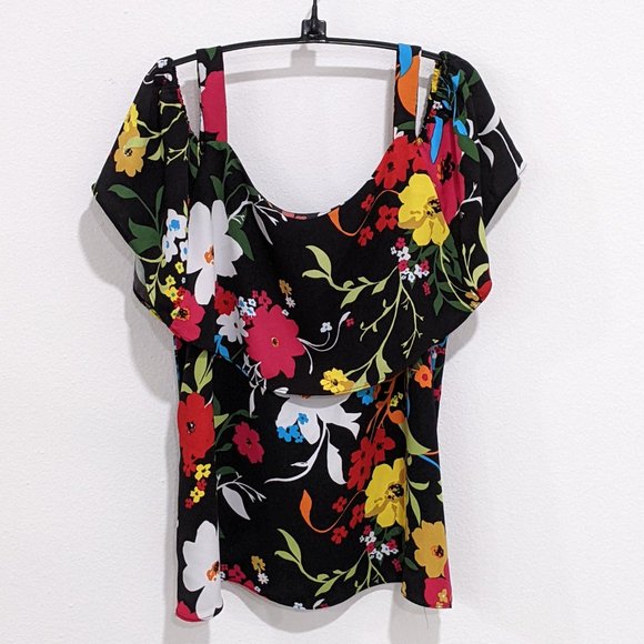 August Silk Black Floral Peek a Boo Shoulder Blouse Top Size Medium - Picture 2 of 5